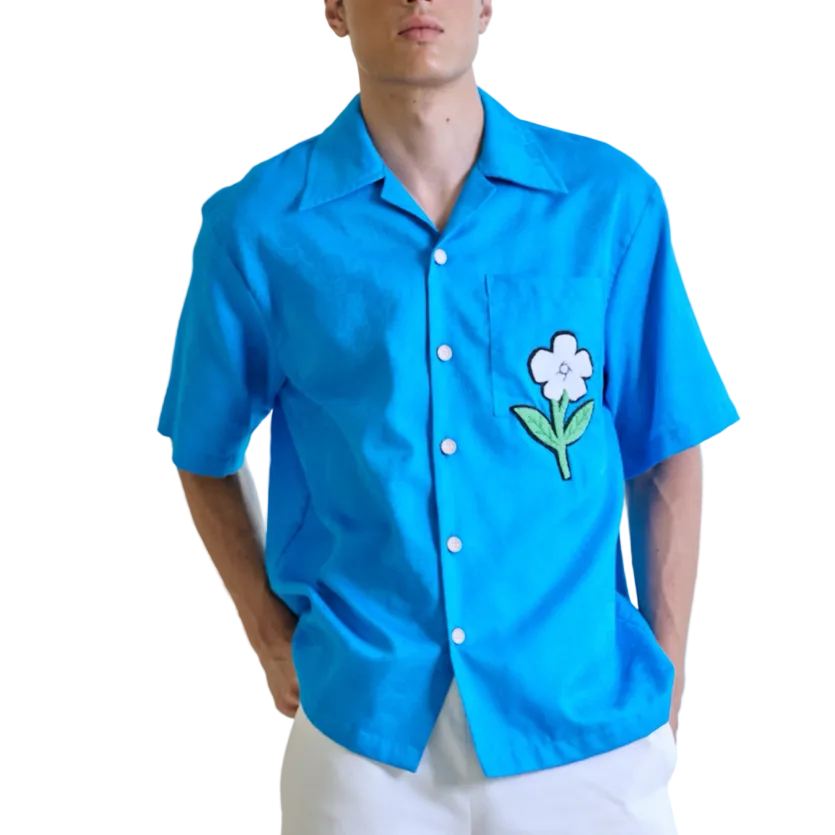 Blue Floral Embroidered Silk Shirt
