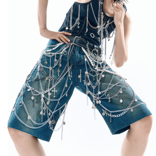 Unisex Chain-Embellished Denim Shorts