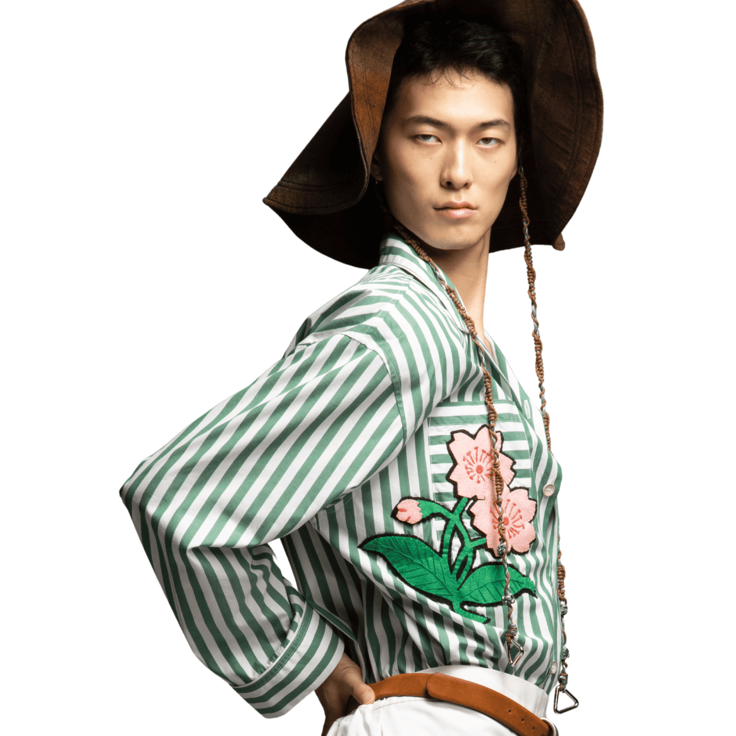 Green Striped Floral Embroidered Cotton Shirt