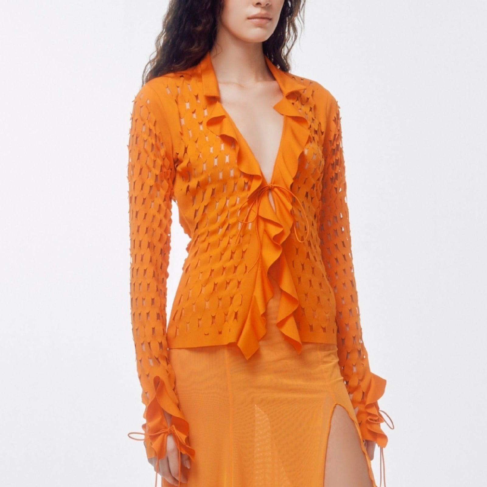 orange ruffle blouse