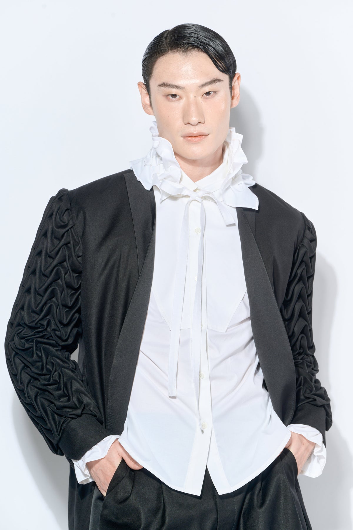 Black Wave-Smocked Long Coat
