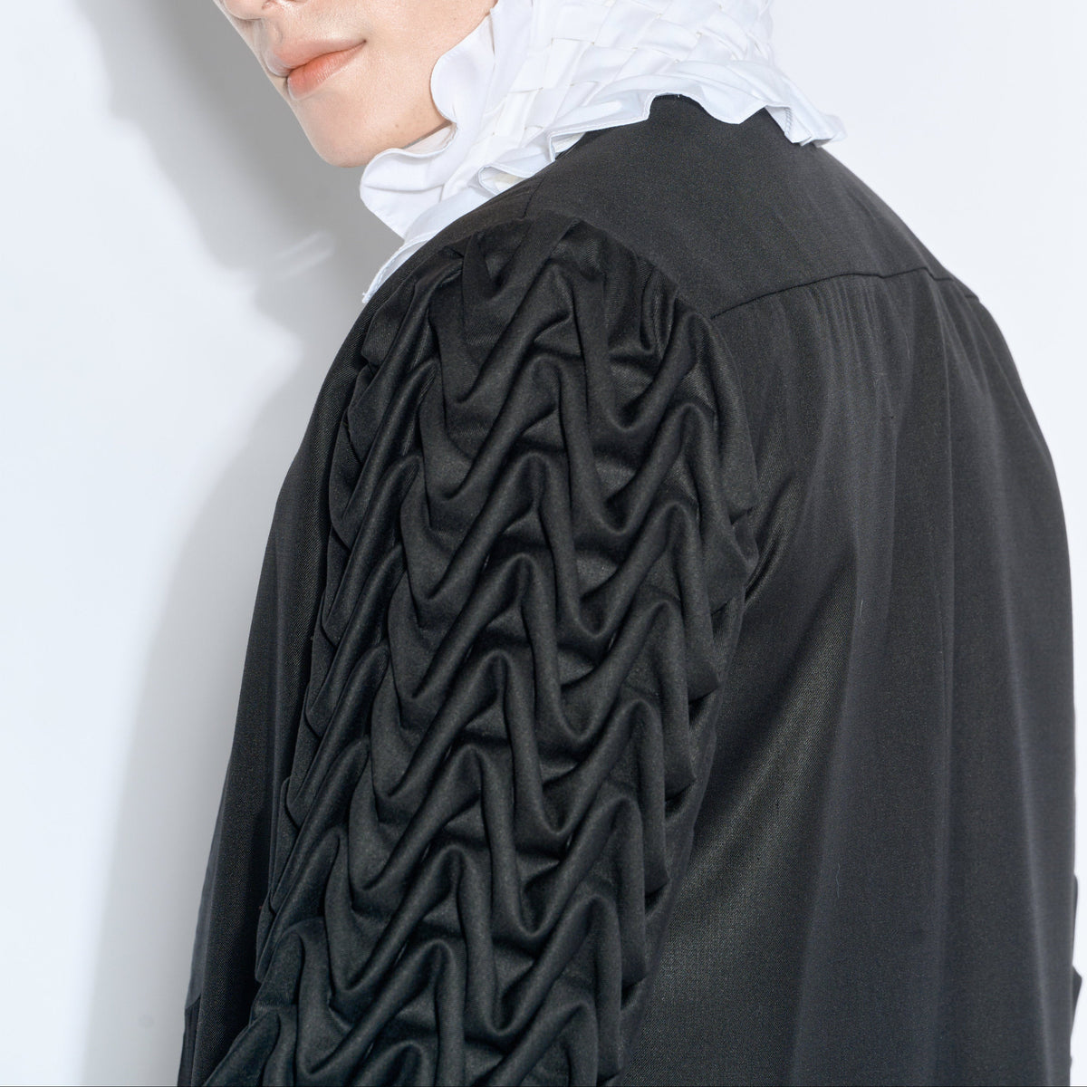 Black Wave-Smocked Long Coat