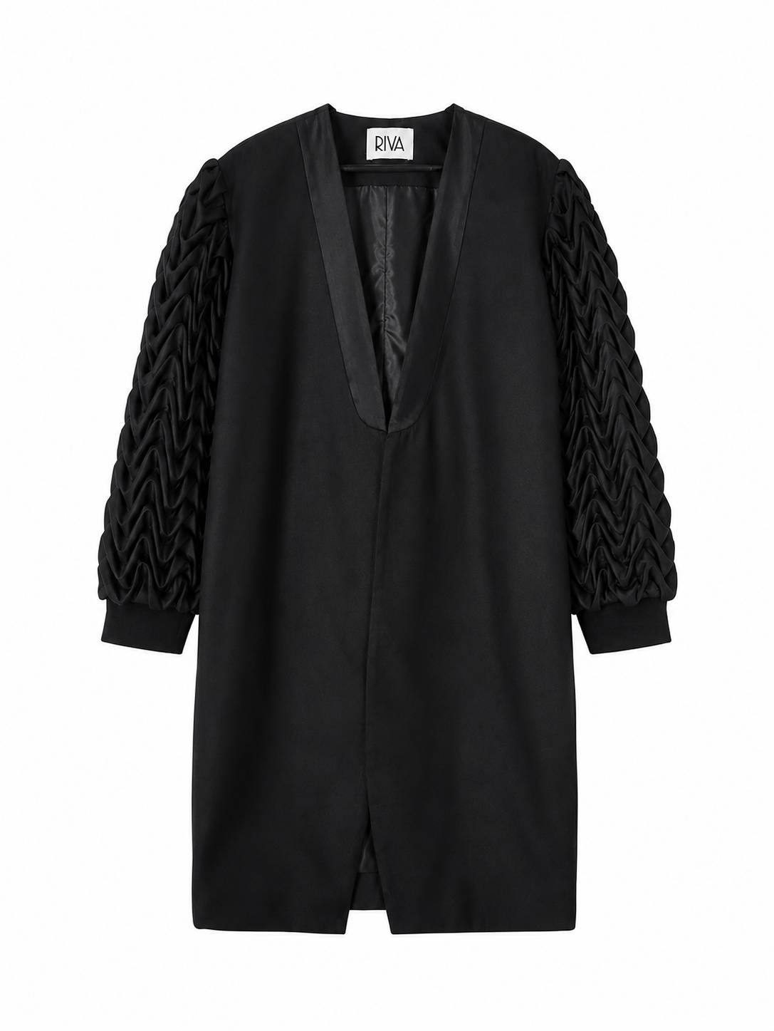 Black Wave-Smocked Long Coat