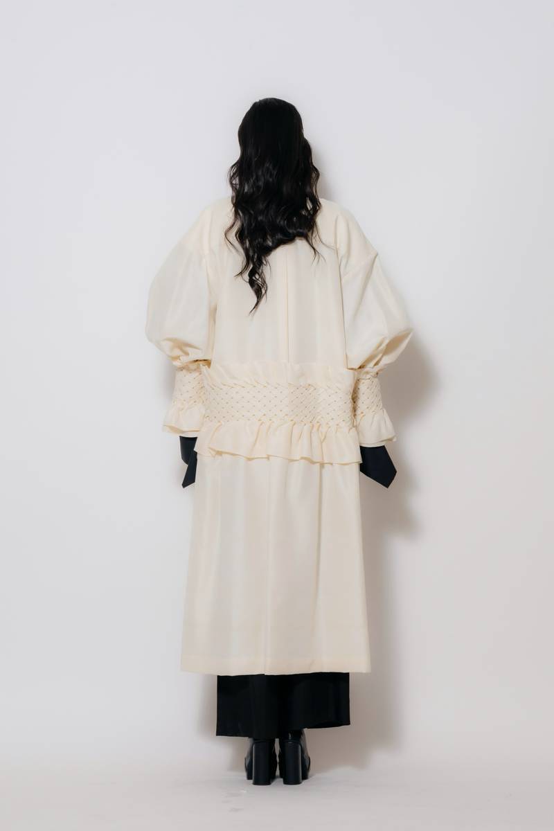 Cream Open Smocked Long Jacket