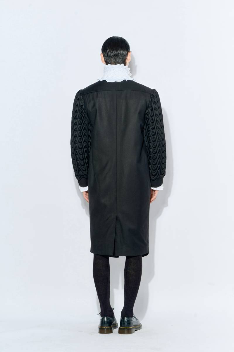 Black Wave-Smocked Long Coat