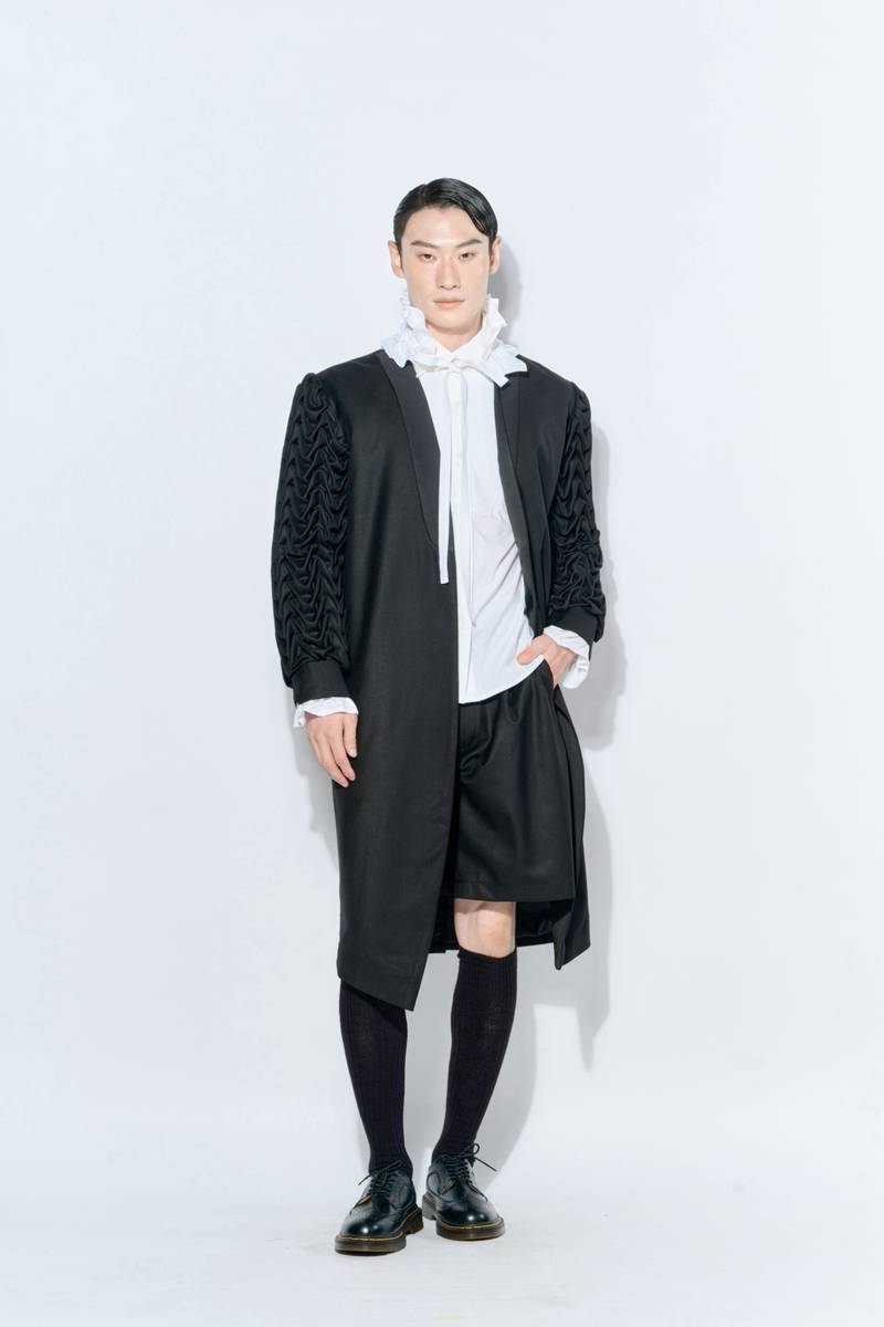 Black Wave-Smocked Long Coat