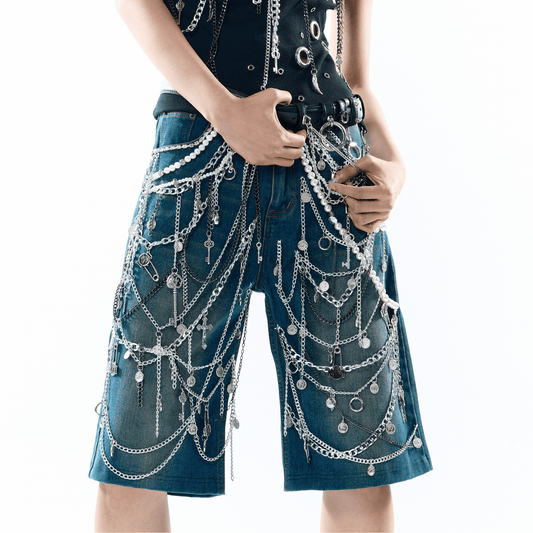 Unisex Chain-Embellished Denim Shorts