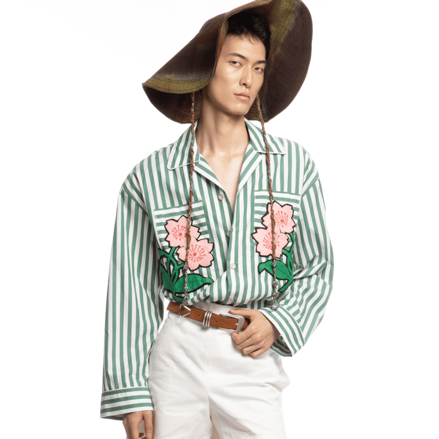 Green Striped Floral Embroidered Cotton Shirt