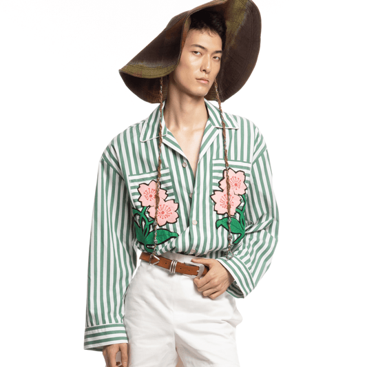 Green Striped Floral Embroidered Cotton Shirt