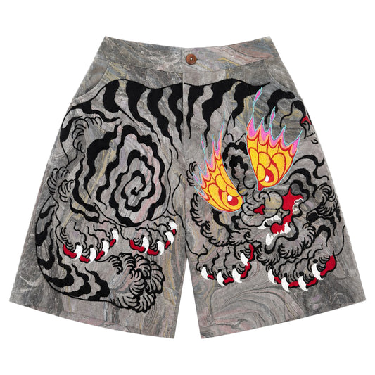 Gray and black tiger-print shorts featuring a large embroidered tiger.