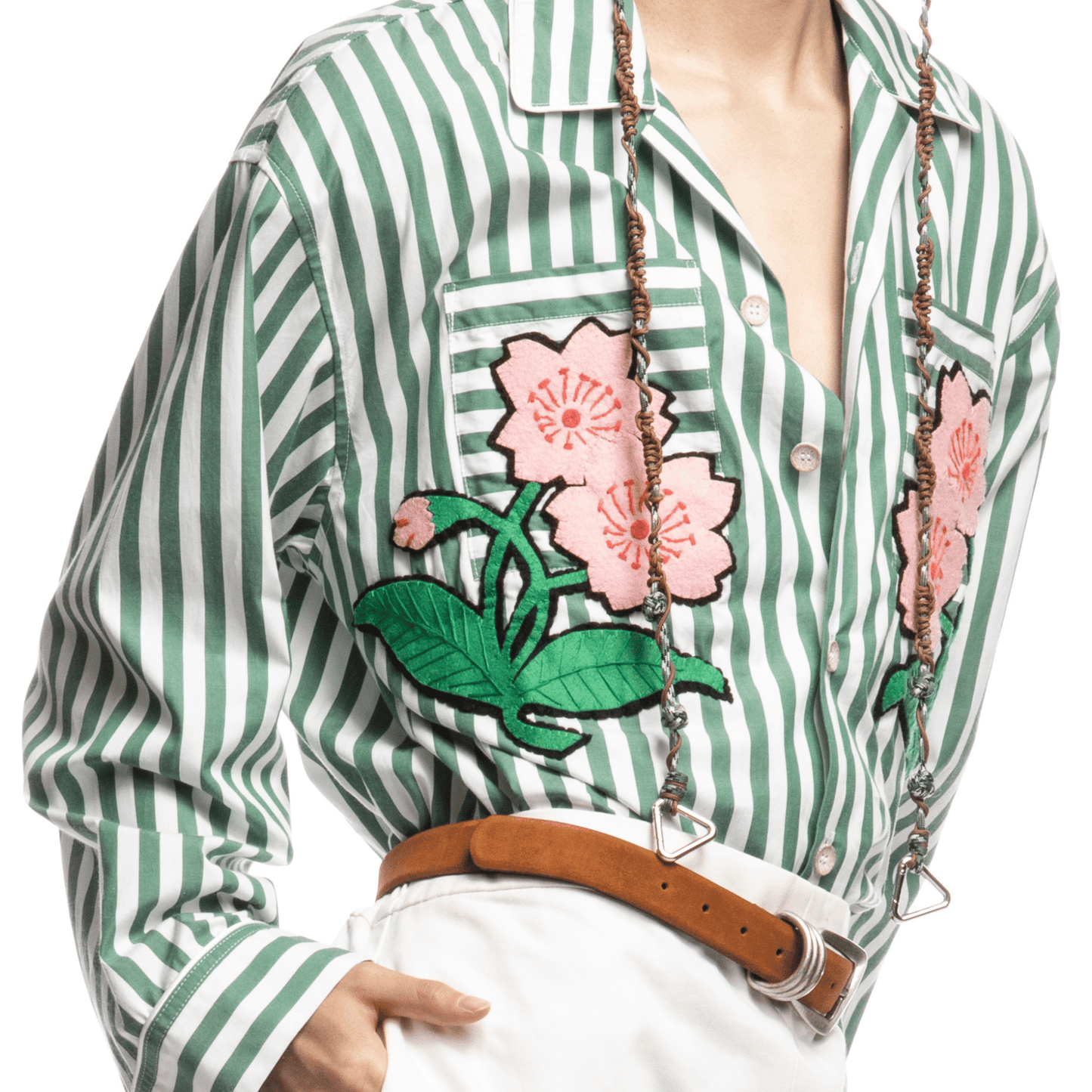 Green Striped Floral Embroidered Cotton Shirt