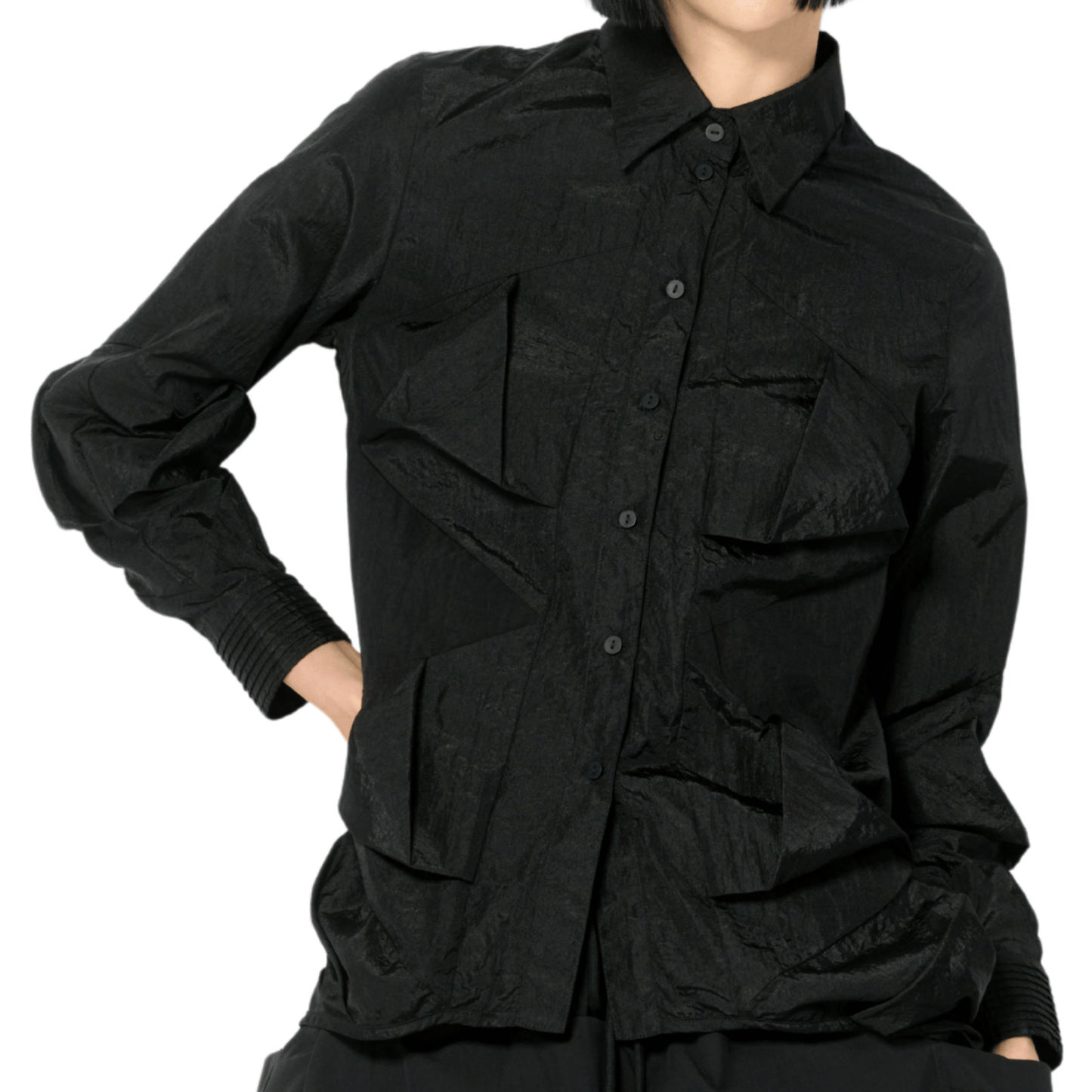 Black Sculptural Long Sleeve Button Up Top