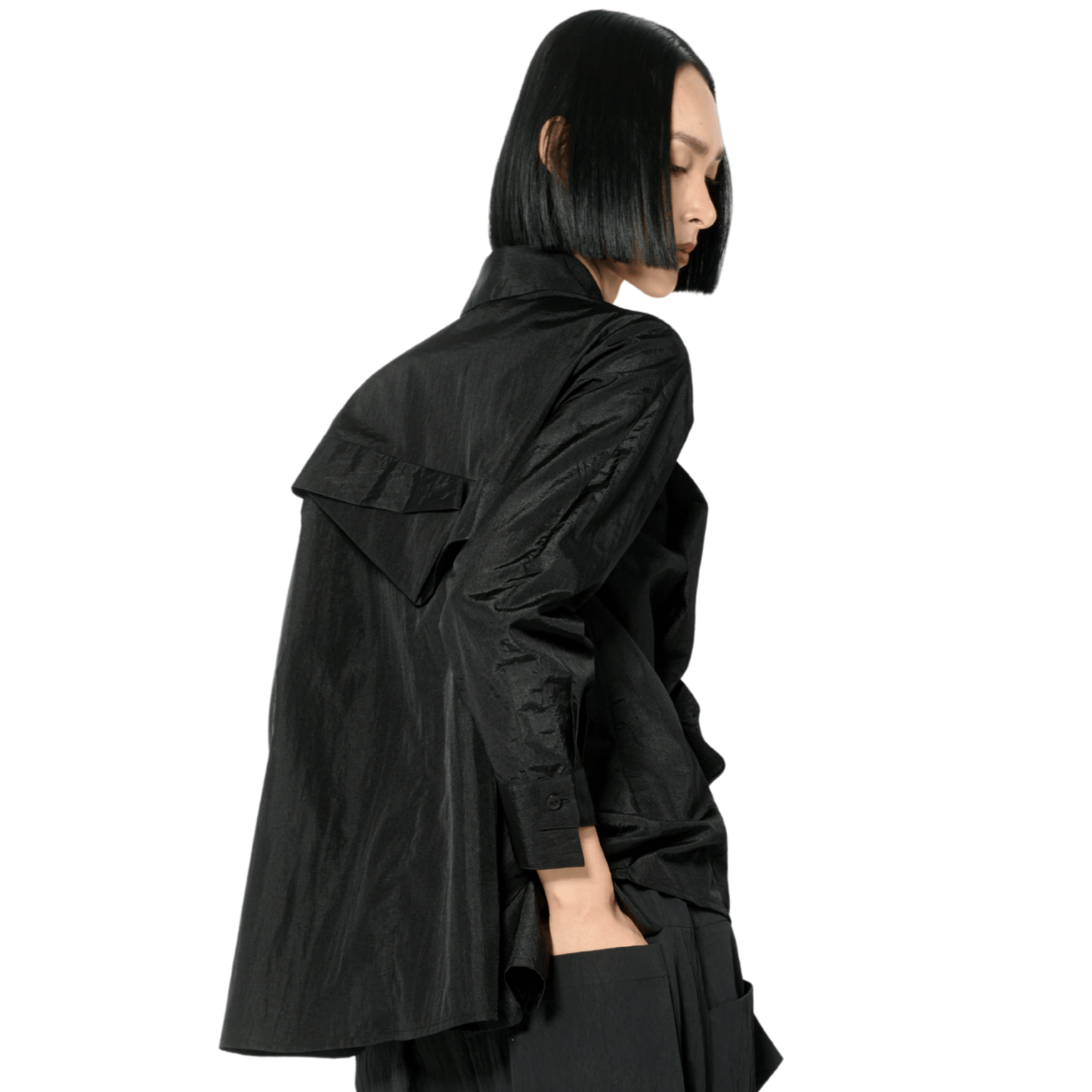 Black Sculptural Long Sleeve Button Up Top