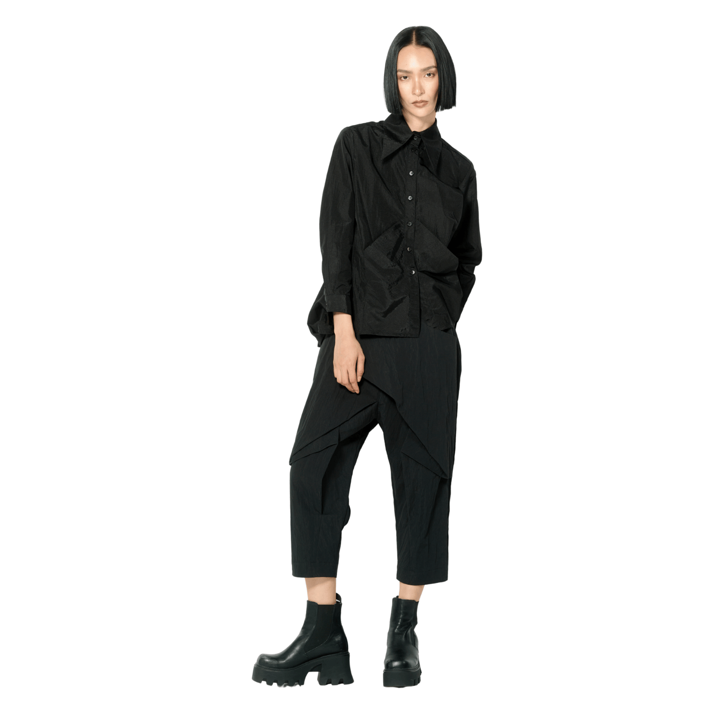 Black Sculptural Long Sleeve Button Up Top