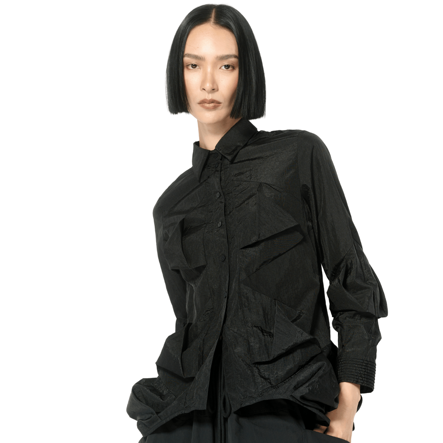 Black Sculptural Long Sleeve Button Up Top