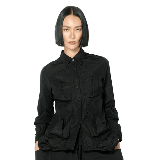 Black Sculptural Long Sleeve Button Up Top