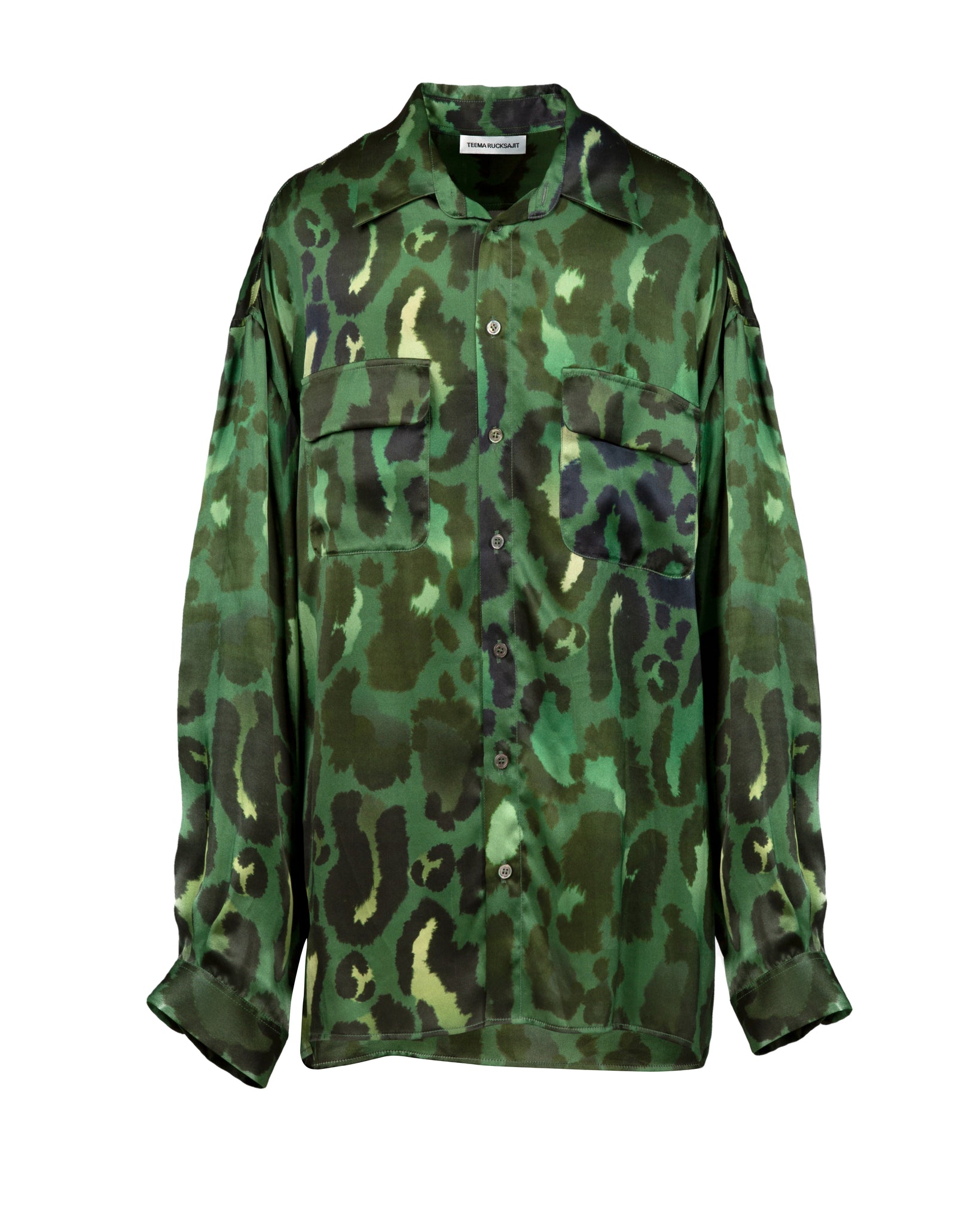 Army Green Leopard Oversized Silk Print Shirt