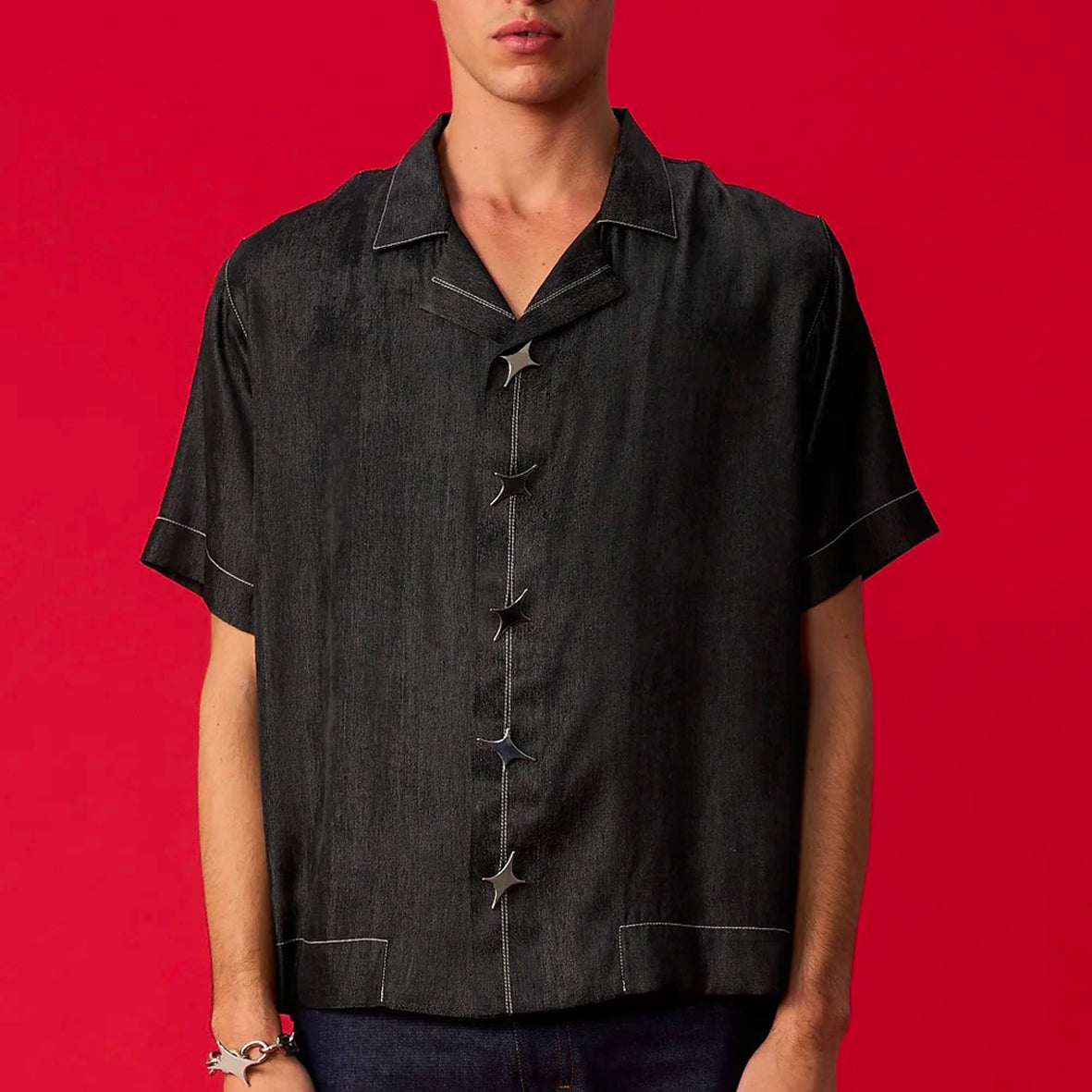Black cotton denim shirt with flare buttons
