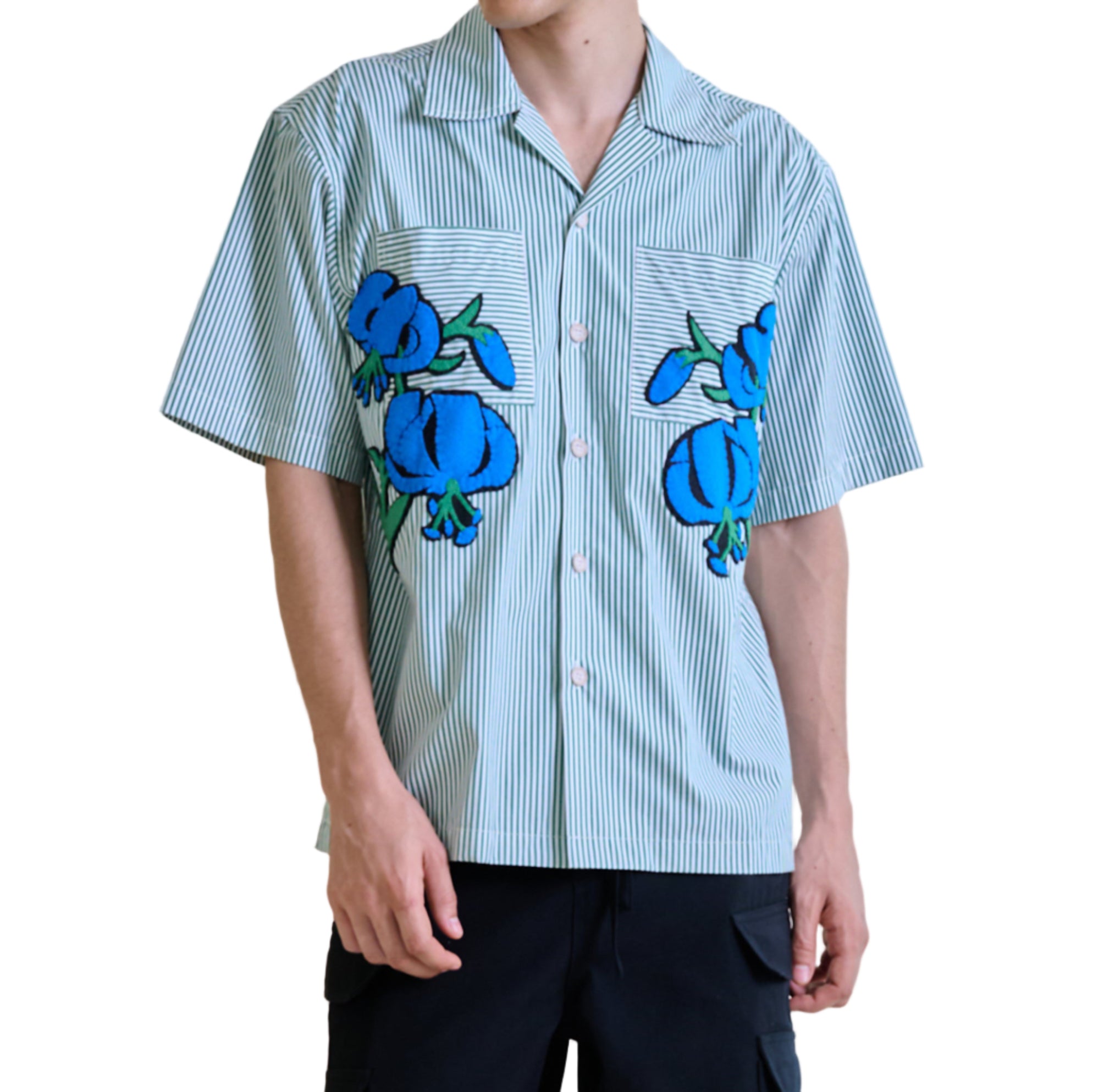 SHORT SLEEVE SHIRT-Green striped