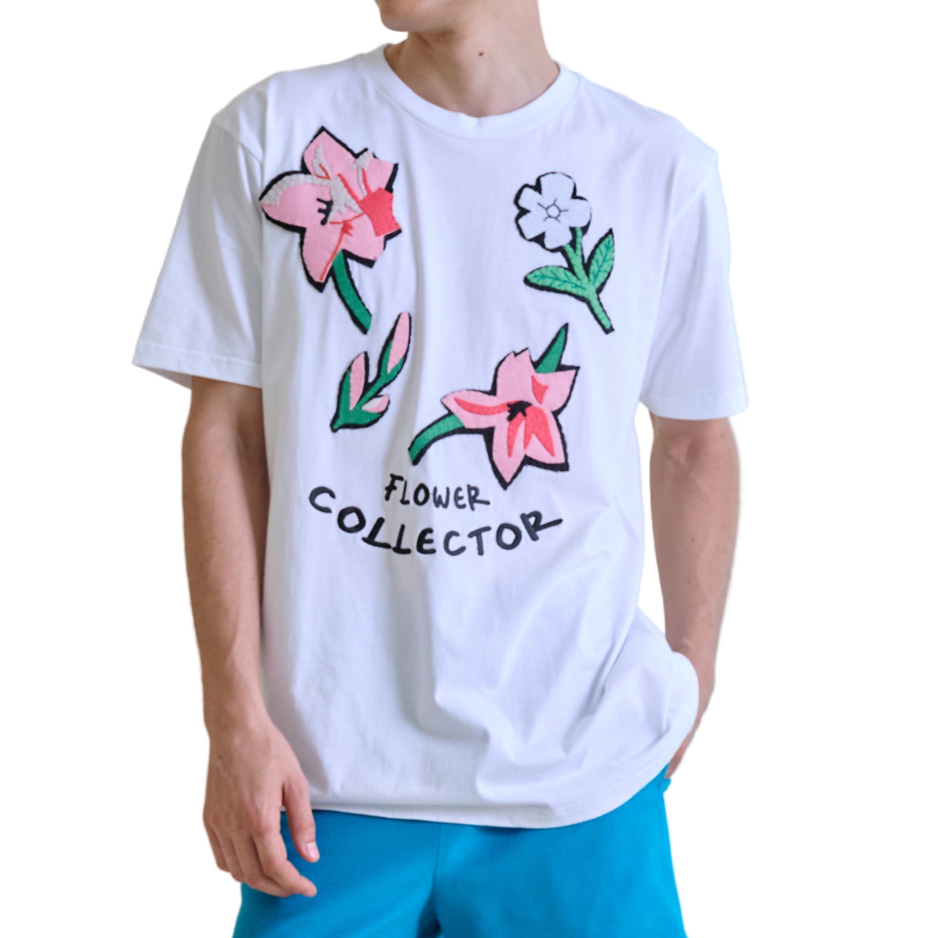 T-SHIRT WITH HAND ACRYLIC FELT EMBROIDERY -White