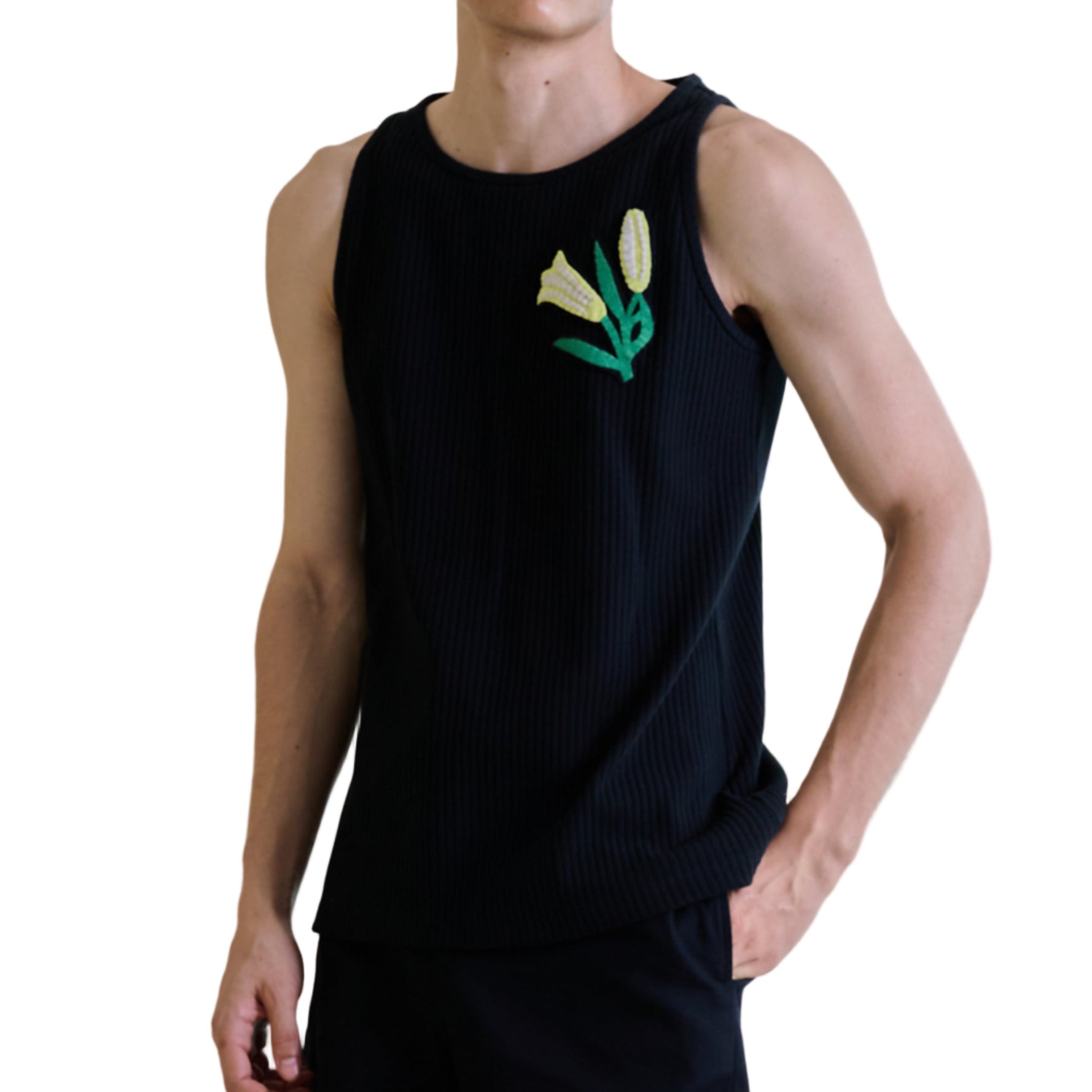TANK TOP WITH HAND ACRYLIC FELT EMBROIDERY -Black
