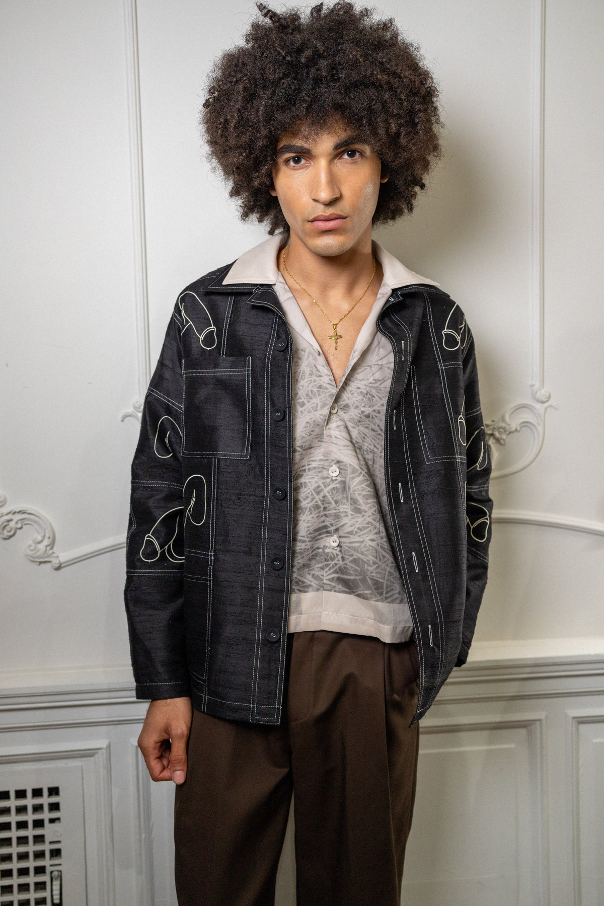Penis Embroidered Linen Black Shirt