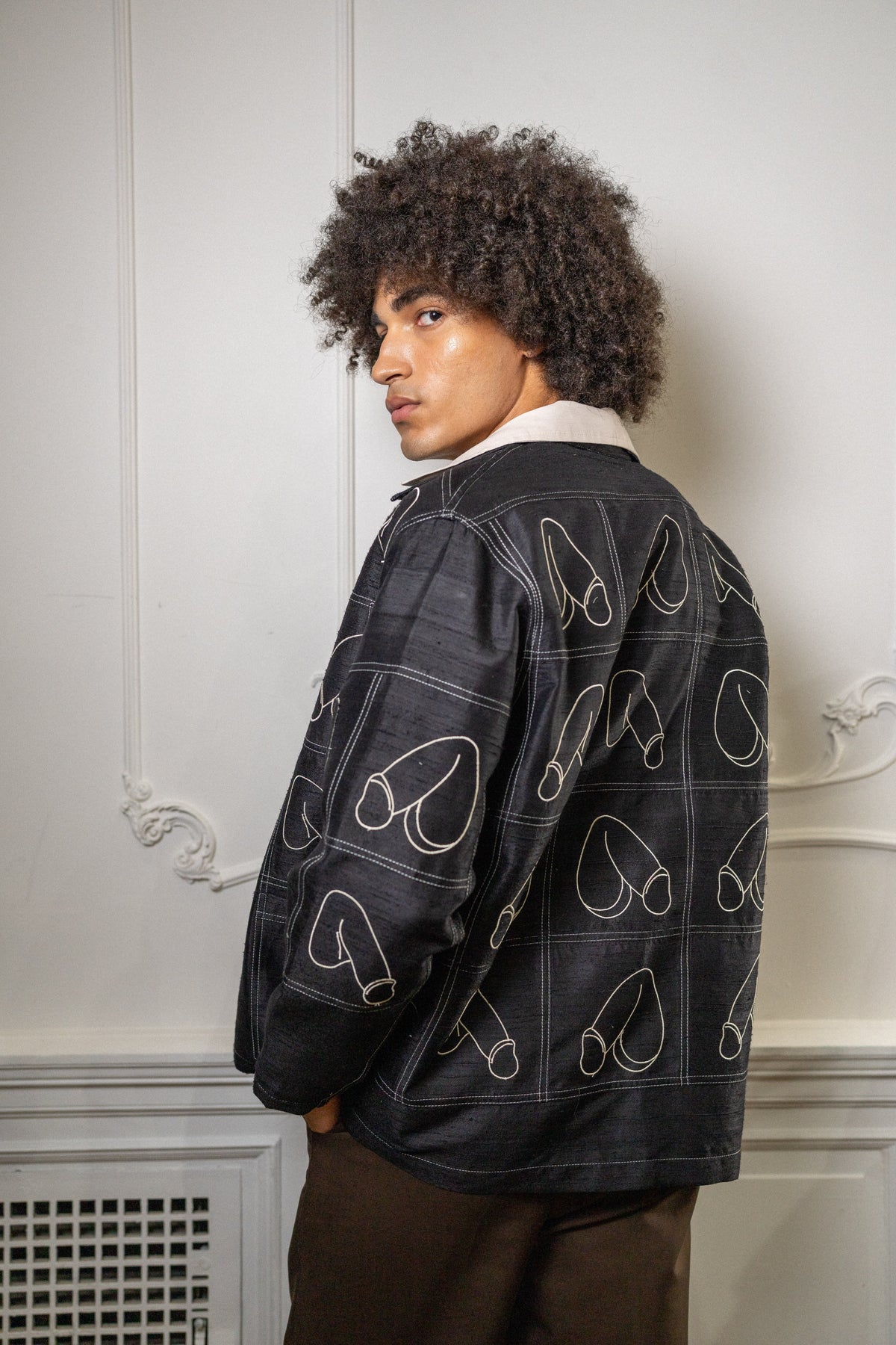 Penis Embroidered Linen Black Shirt