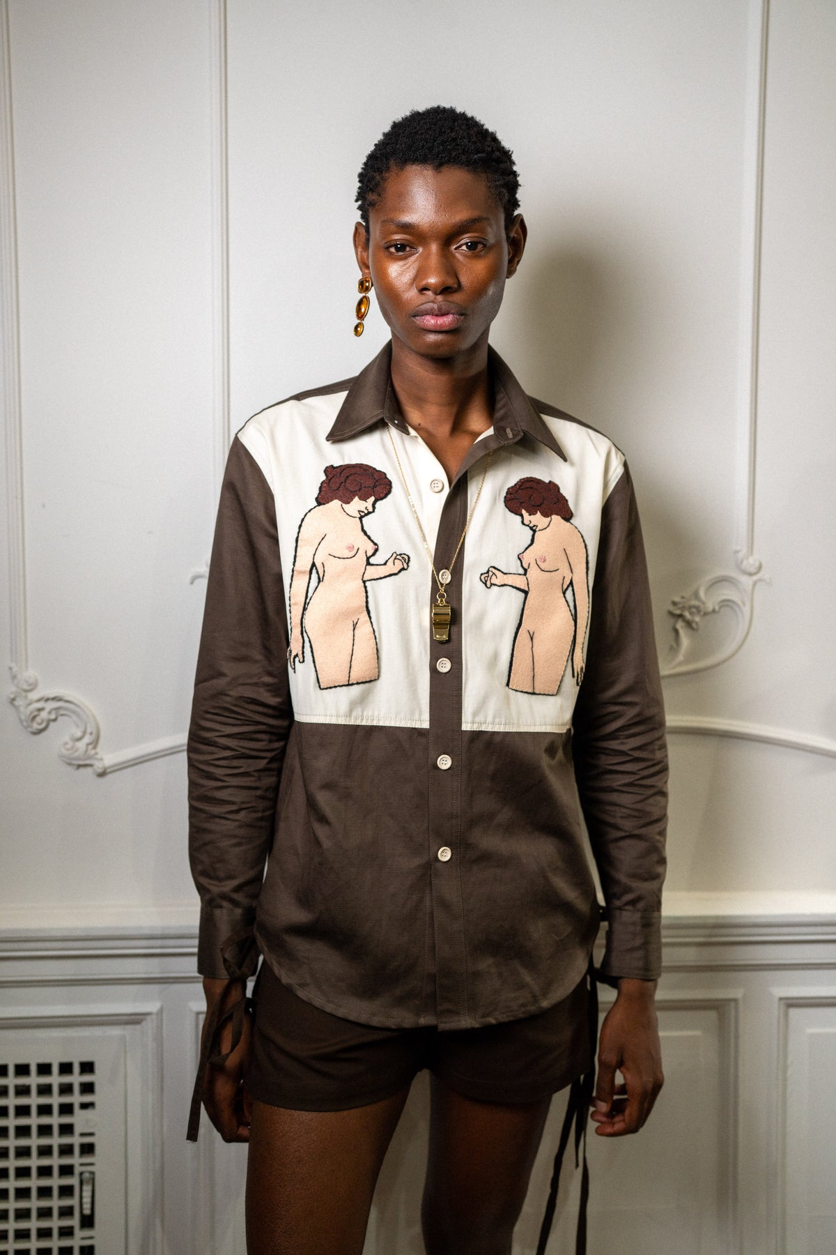 Nude Embroidered Brown Cotton Shirt
