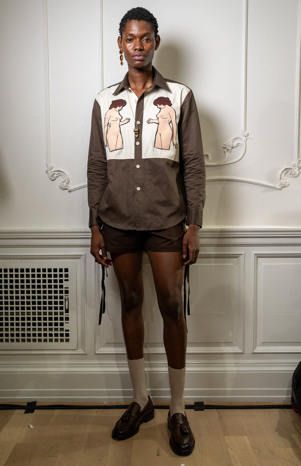 Nude Embroidered Brown Cotton Shirt