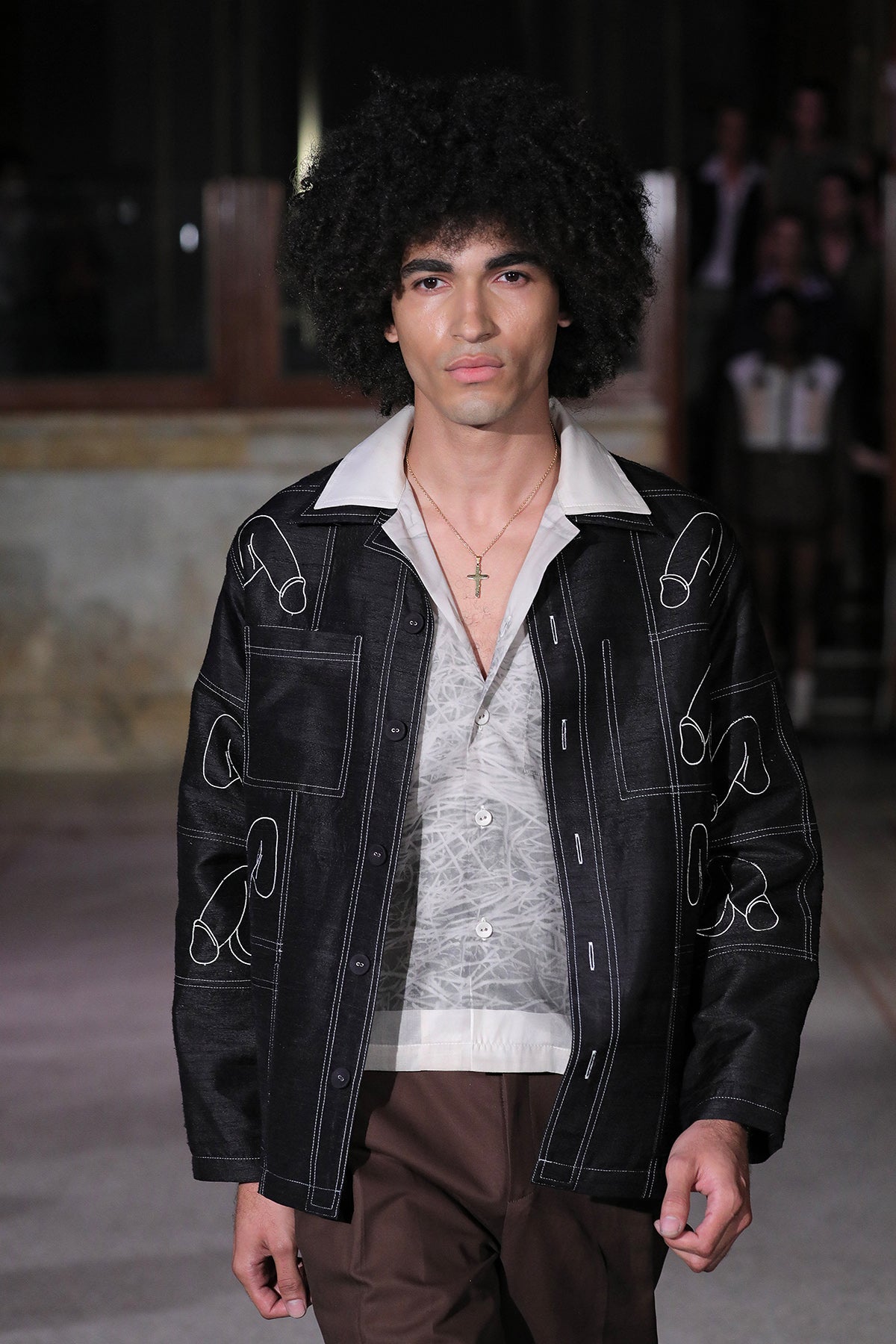 Penis Embroidered Linen Black Shirt