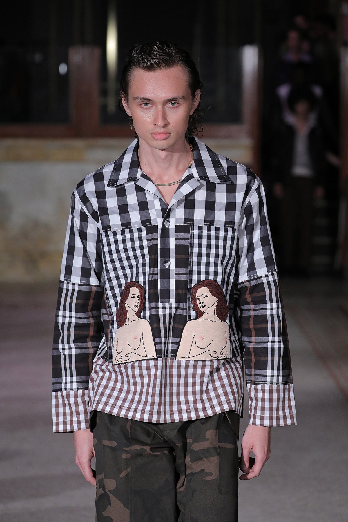 Embroidered Blue Checker Cotton Shirt