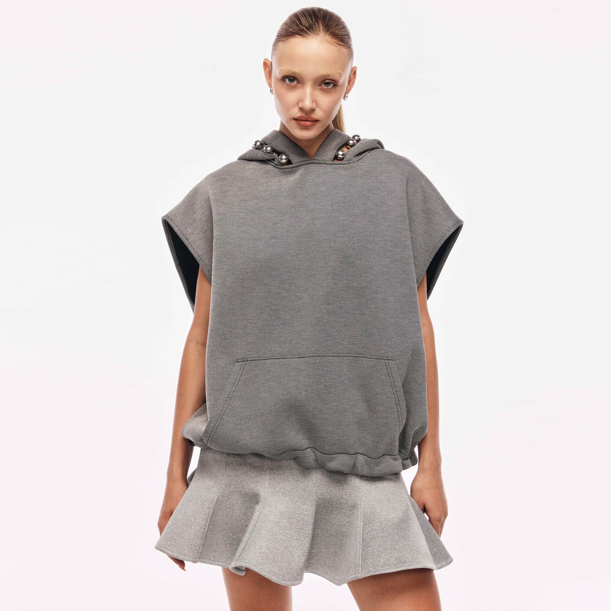 Sleeveless Oversized Hoodie with Metallic Bead Detail