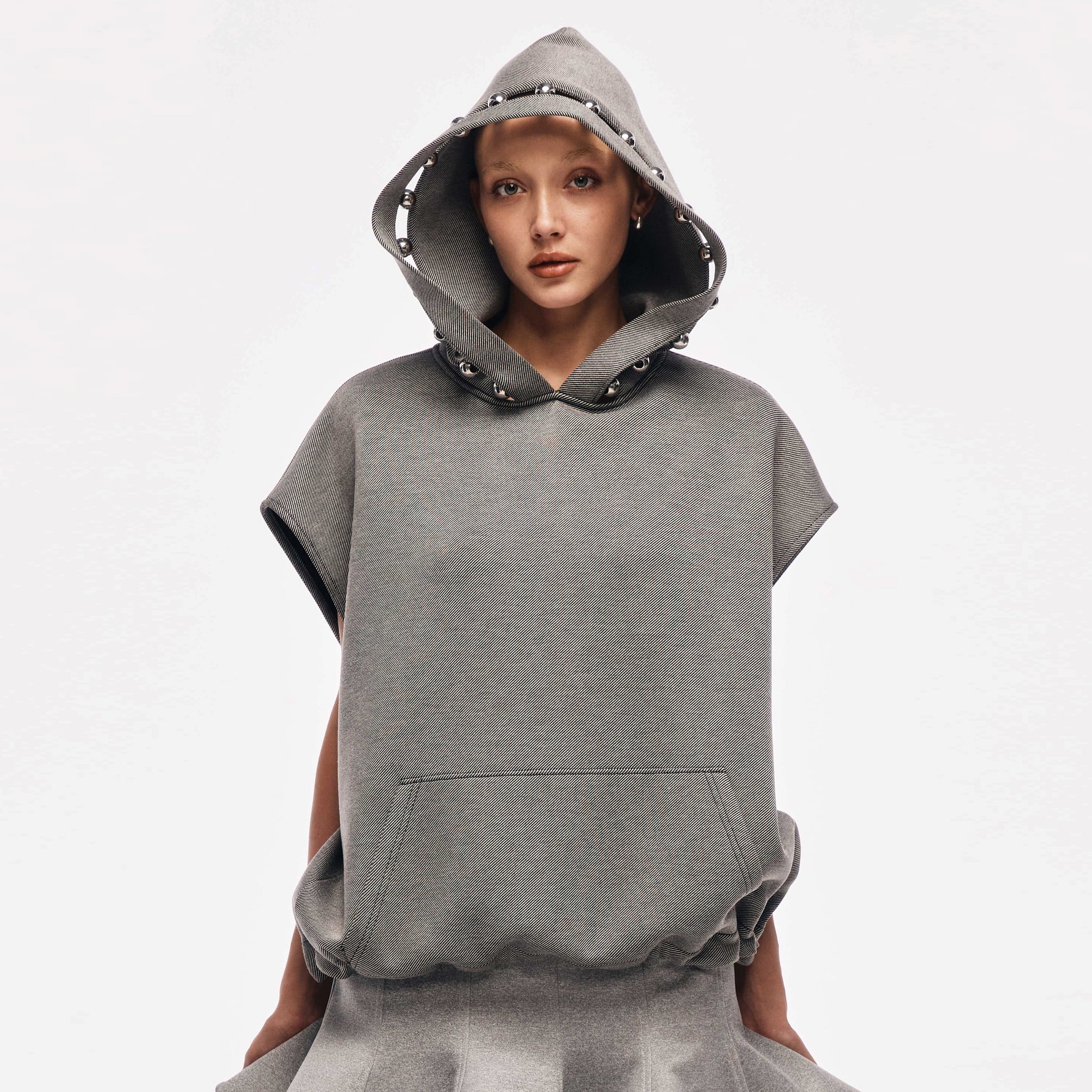 Sleeveless Oversized Hoodie with Metallic Bead Detail