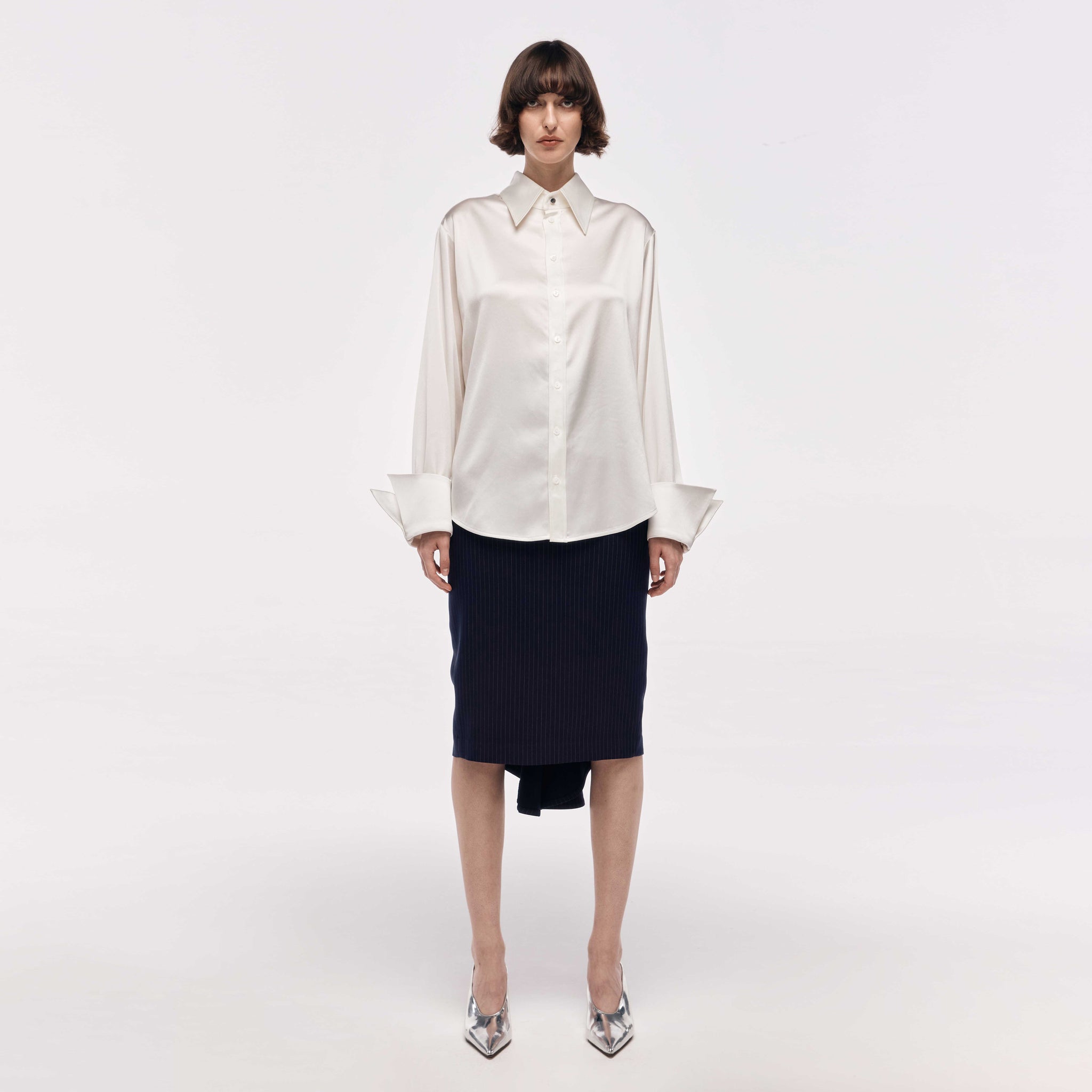 Long Sleeve Satin Shirt with Neck Tie